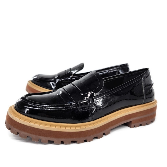 Vince Camuto Shoes - Vince Camuto McKella Black Patent Leather Chunky Lug-Sole Penny Loafers